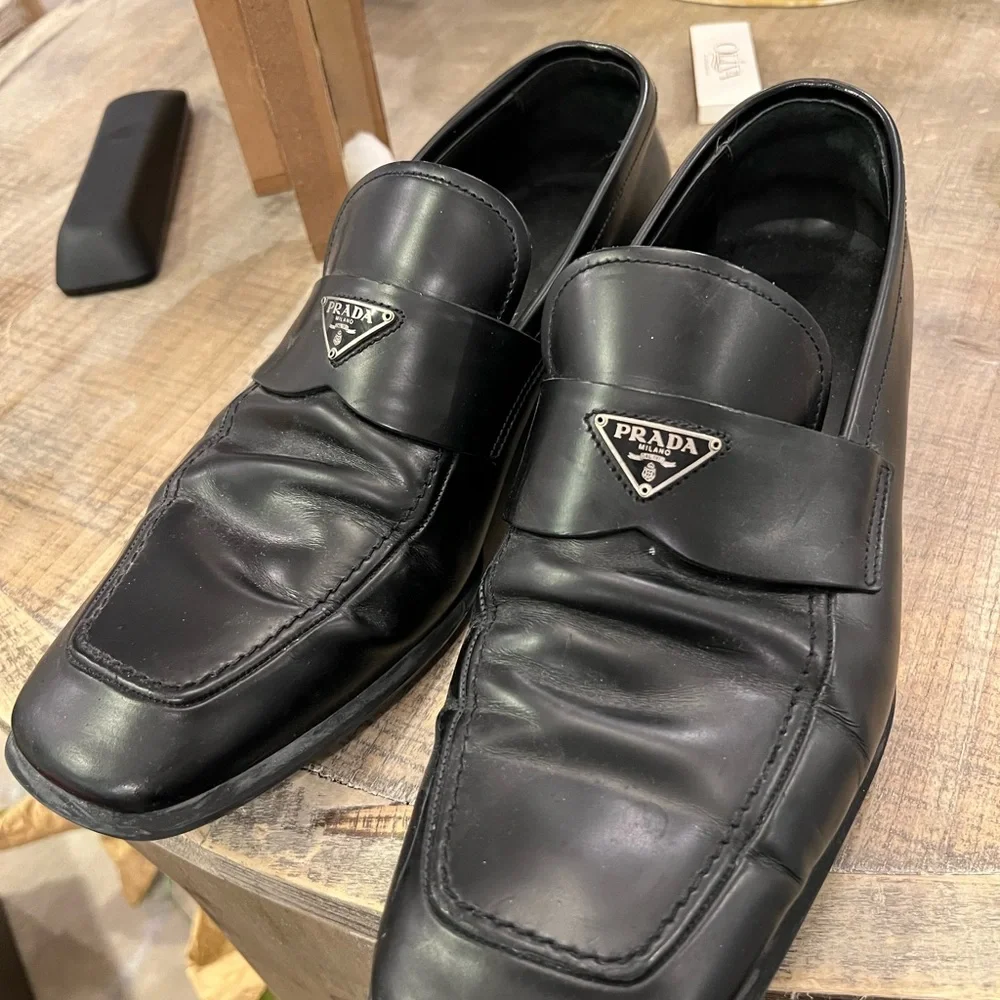 Prada Mens Black leather loafers triangle emblem 9.5 US 10.5 - Picture 5 of 6